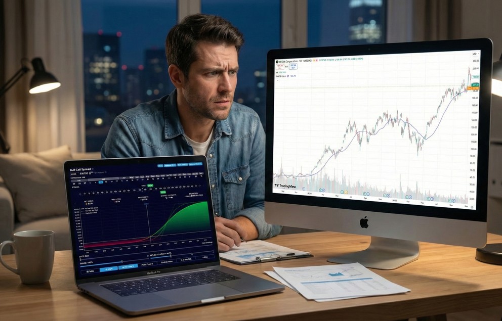 Trader reviewing a bullish option spread performance chart